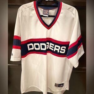White Dodgers Jersey with Red and Blue Stripes